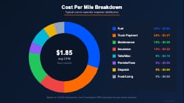 Trucking cost per mile breakdown pie chart showing fuel, insurance, truck payment, maintenance, and other operating expenses