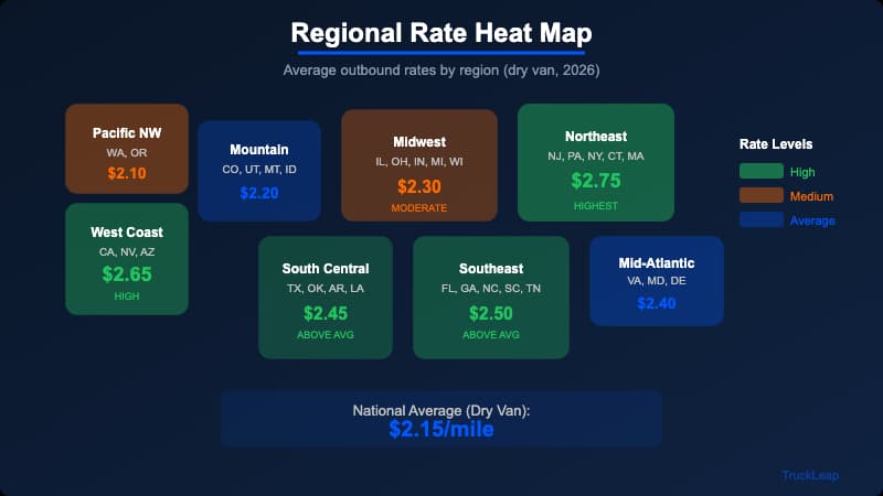 Regional rate heat map showing freight rate levels across the United States for 2026