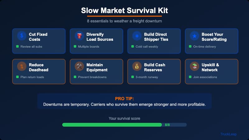 Slow freight market survival kit showing essential actions for owner-operators including cash flow protection, cost cutting, and freight diversification