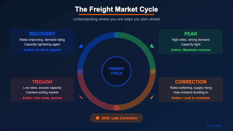 Freight market cycle diagram showing boom, correction, trough, and recovery phases with strategies for each stage