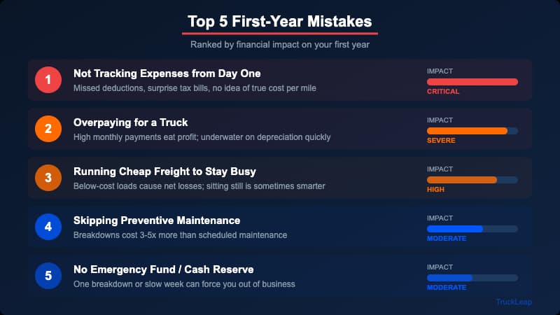 Common first year owner-operator mistakes including underpricing loads, skipping cash reserves, and ignoring IFTA