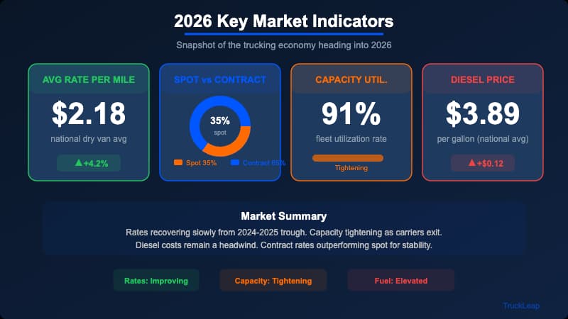 Key market indicators for the 2026 trucking industry including capacity, demand, and carrier exits